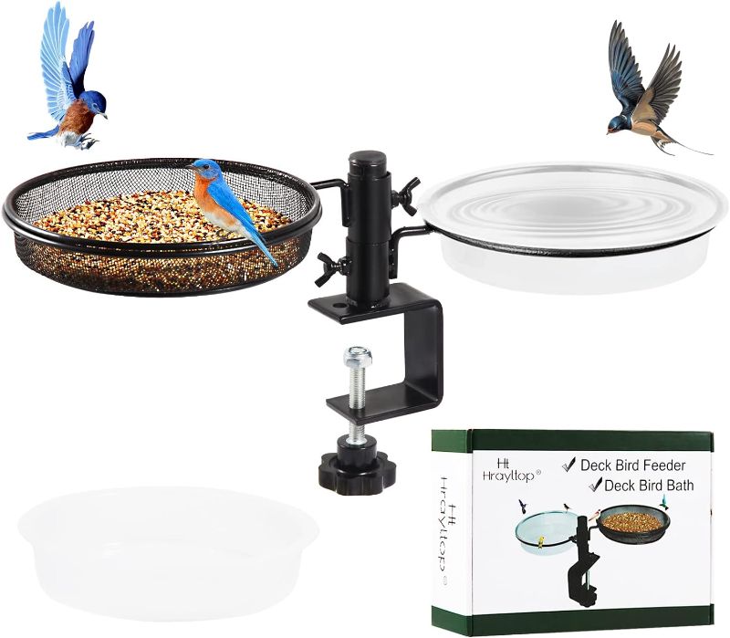 Photo 1 of HRAYLTOP Deck Bird Feeders with Metal Mesh Tray and 2 Water Bowls - Detachable Adjustable Heavy Duty Clamp Bracket, Rail Bird Bath Balcony Porch Railing Feeder Perfect for Attracting Birds.
