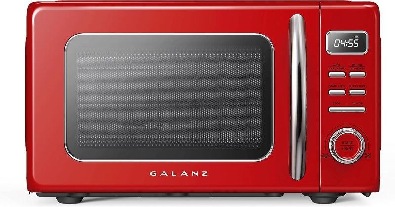 Photo 1 of Galanz GLCMKZ09RDR09 Retro Countertop Microwave Oven with Auto Cook & Reheat, Defrost, Quick Start Functions, Easy Clean with Glass Turntable, Pull Handle, 0.9 cu ft, Red
