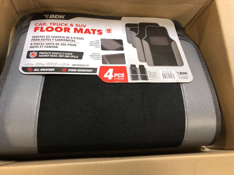 Photo 2 of BDK Floor Mats for Cars, Two-Tone Carpet Car Floor Mats with Faux Leather Accents, Automotive Floor Mat Set with Built-In Heel Pad, Stylish Interior Car Accessories (Gray)