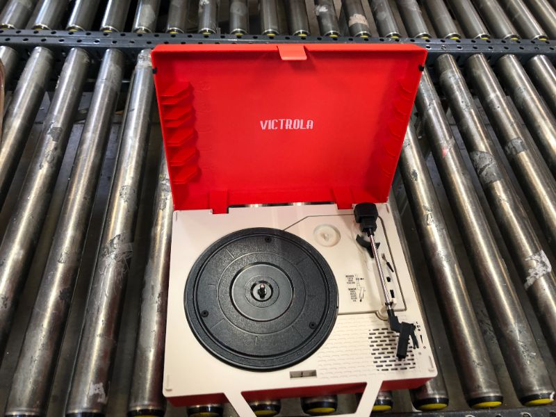 Photo 2 of Victrola Re-Spin Sustainable Suitcase Vinyl Record Player, 3-Speed (33 1/3, 45 & 78 RPM), Belt-Driven Bluetooth Turn Table with Built-in Bass Radiator, 3.5mm Headphone Jack, Red
