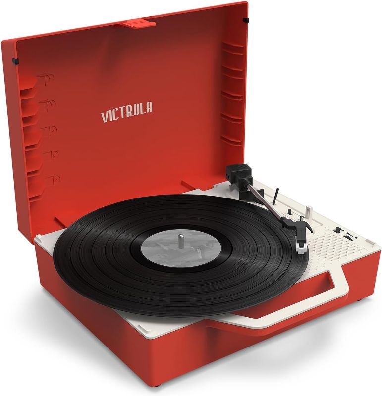 Photo 1 of Victrola Re-Spin Sustainable Suitcase Vinyl Record Player, 3-Speed (33 1/3, 45 & 78 RPM), Belt-Driven Bluetooth Turn Table with Built-in Bass Radiator, 3.5mm Headphone Jack, Red
