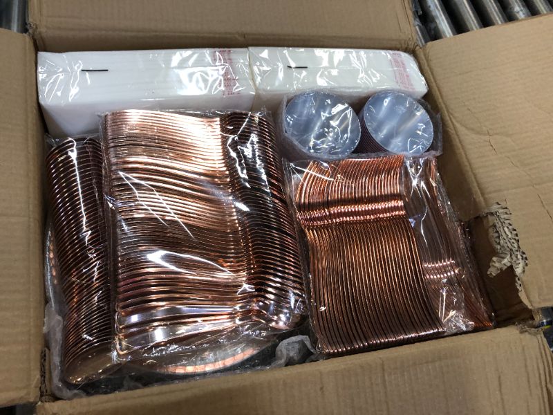 Photo 2 of 700 Piece Rose Gold Dinnerware Set for 100 Guests, Plastic Plates Disposable for Party, Include: 100 Rose Gold Rim Dinner Plates, 100 Dessert Plates, 100 Paper Napkins, 100 Cups, 100 Rose Gold Silverw Rose Gold 100 Guests