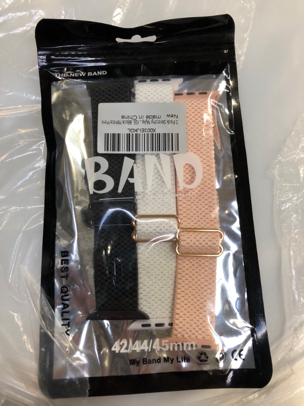 Photo 1 of 3 Pack Stretchy Nylon Band Compatible with Apple Watch Band 42mm 44mm 45mm for Women Men, Adjustable Sport Solo Loop Elastic Strap for iWatch Series 7/6/5/4/3/2/1/SE, Black/White/Pink B-Black/White/Pink 42/44/45mm