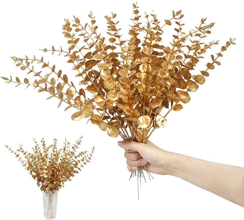 Photo 1 of 30 PCS Artificial Eucalyptus Stems Gold Faux Eucalyptus Spray Fake Leaf Stem Fall Decor Plants for Party Wedding Flower Arrangement Home Farmhouse DIY Arrangement Home Fireplace(Glod)
