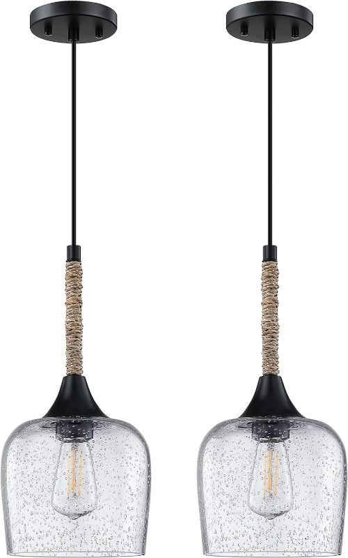 Photo 1 of SEENMING HOUSE 2 Pack 1 Light Indoor Hanging Kitchen Island Gold Pendant Lights 6.1" Clear Seeded Glass Paper Rope Pendant Light Fixtures Black Finish Modern Farmhouse Dinning Over Sink…
