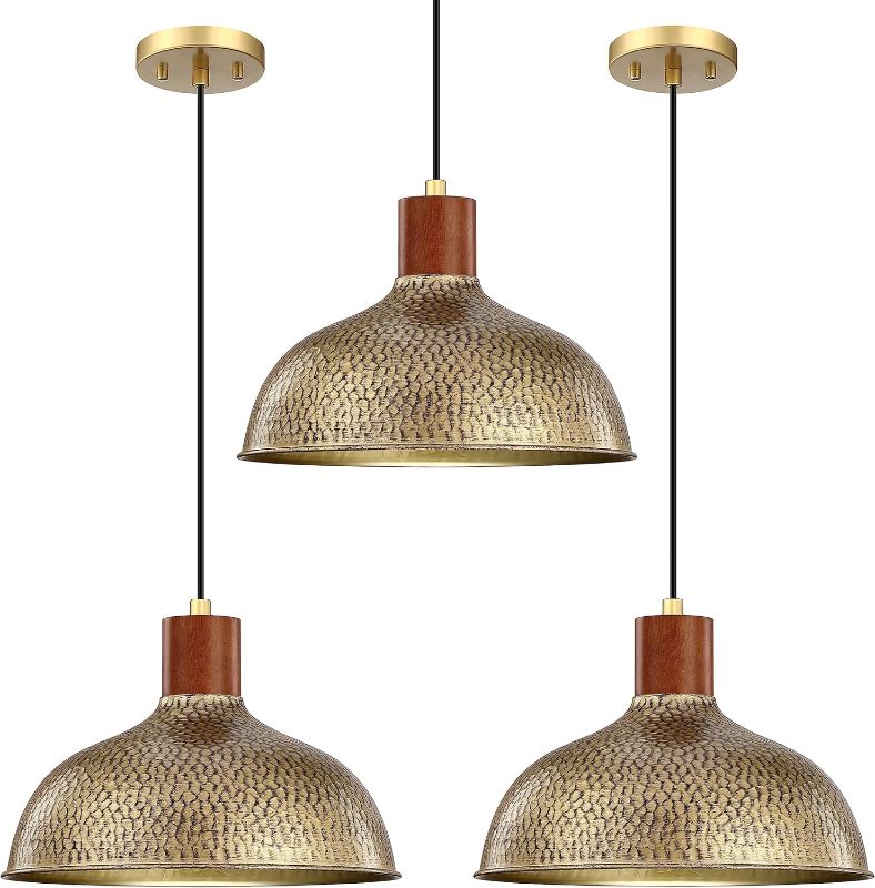 Photo 1 of 3 Pack 1 Light 12” Vintage Pendant Light Fixtures,Industrial Hammer Metal Hanging Light Rubber Wood Gold Finish Pendant Lamp for Kitchen Island,Farmhouse Dining Room Over Sink
