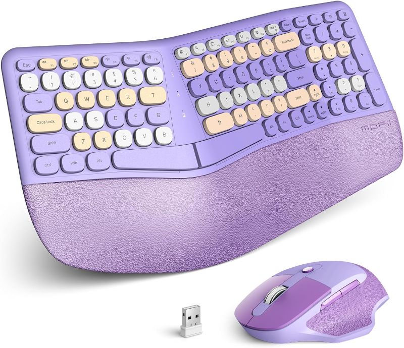 Photo 1 of MOFII Ergonomic Keyboard and Mouse, 2.4G USB Wireless Comfortable Natural Typing Split Keyboard and Mouse Combo with Palm Rest, for Windows Computer Desktop Laptop (Purple Colorful)
