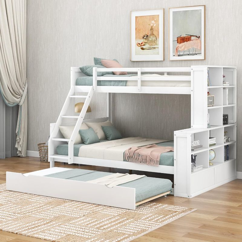 Photo 1 of *box 2 of 3* Twin Over Full Bunk Beds with Trundle, Wooden Bunk Beds with 12 Storage Shelves, Triple Bunk Bed Frame Twin Over Full Size for 3 Kids, Teens, Bedroom, Dorm, No Box Spring Needed, White
