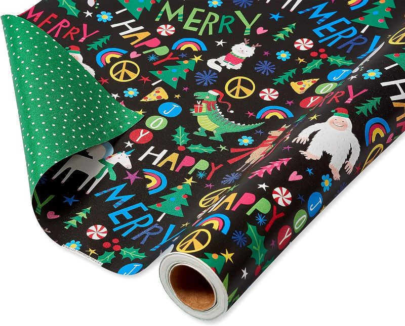 Photo 1 of American Greetings 175 sq. ft. Reversible Black Christmas Wrapping Paper For Kids, Dinosaurs, Yetis and Unicorns (1 Jumbo Roll 30 in. x 70 ft.)
