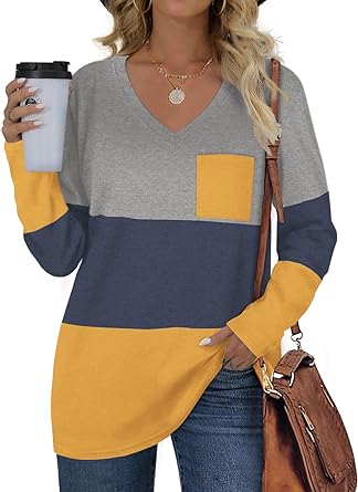 Photo 1 of SIZE M KOLILI Womens Tops Long Sleeve V Neck T Shirts Casual Color Block with Pocket Tunics Tee
