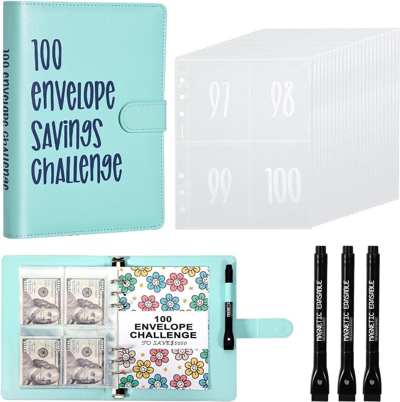 Photo 1 of 100 Envelopes Challenge Binder,Savings Challenge Binder,Easy and Funny Way to Save $5,050, A5 Money Saving Budget Binder with Cash Envelopes(Blue)
