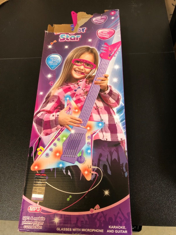Photo 3 of Guitar Toys for Girls,Guitar and Microphone Play Set w/Glasses,Karaoke Machine with Music&Light,Musical Instruments Educational Toys for Kids,Toddlers,Children
