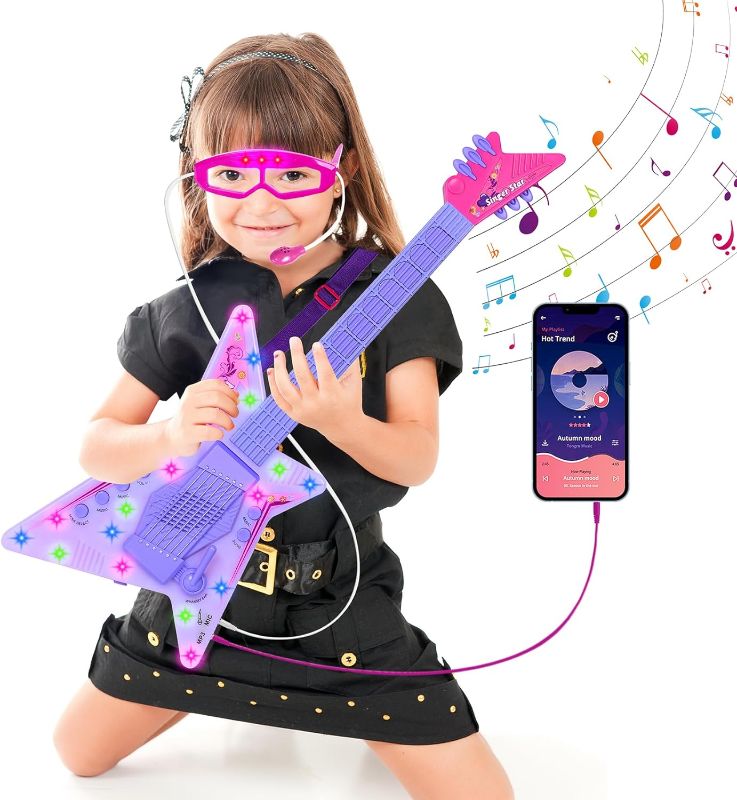 Photo 1 of Guitar Toys for Girls,Guitar and Microphone Play Set w/Glasses,Karaoke Machine with Music&Light,Musical Instruments Educational Toys for Kids,Toddlers,Children
