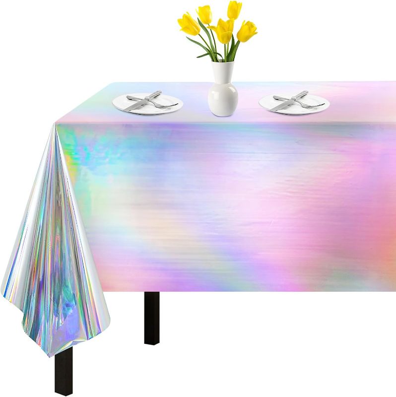 Photo 1 of 1 Pack Iridescent Tablecloth, 54" x 108" Birthday Party Table Cloths Iridescence Plastic Disposable Table Covers Iridescent Disco Party Decorations, Mermaid Birthday Decor Tablecloth for Buffet Table
