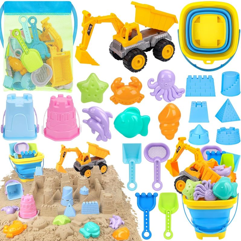 Photo 1 of Beach Toys, 21Pcs Sand Toys, Sandbox Toys with 2 in 1 Beach Truck, Collapsible Sand Bucket, Sand Castle Toys, Animal Molds, Shovel Set, Mesh Bag, Travel Toys for Kids Toddlers Boys Girls
