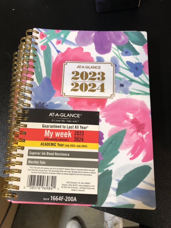 Photo 2 of AT-A-GLANCE 2023-2024 Academic Planner, Weekly & Monthly, 5-1/2" x 8-1/2", Small, Monthly Tabs, Pocket, Flexible Cover, Badge Floral (1664F-200A) Floral Small