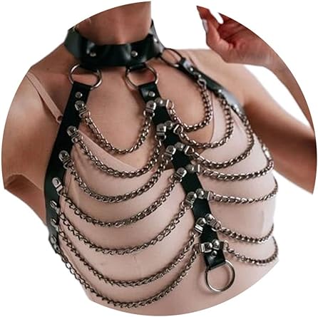 Photo 1 of DRESBE Punk Layered Body Chain Black Leather Bra Caged Harness Choker Bra Chains Gothic