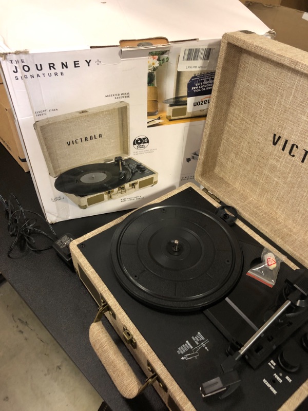 Photo 2 of Victrola Journey+ Signature Turntable Record Player - 33-1/3, 45 & 78 RPM Suitcase Vinyl Record Player, Bluetooth Connectivity & Built-in Speakers, Stereo RCA Output, Linen Finish, Cream