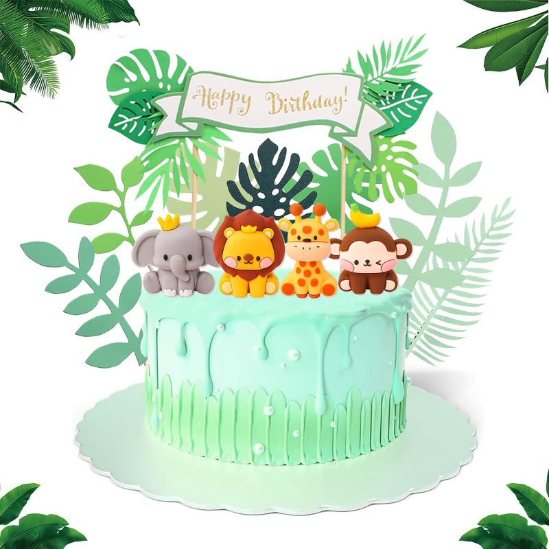 Photo 1 of 12 Pcs Jungle Safari Animal Cake Toppers with Elephant Giraffe Lion Monkey Glittery Tropical Leaves, Cute Jungle Animals Cake Decoration for Jungle Themed Party Baby Showers Kids Birthday Party
