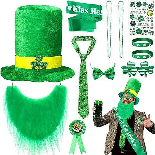 Photo 1 of 12 Pcs St. Patricks Day Accessories Set Include Shamrock Mesh Glasses Irish Badge Hat Beard Bow Tie Beaded Chains Green Tie Sticker Bracelet Shoulder Strap St Patricks Day Decorations Supplies
