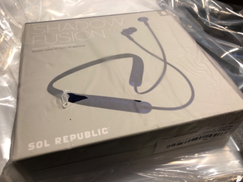 Photo 2 of Sol Republic Shadow Fusion Bluetooth Earbuds, Blue 10-Hour Playtime Comfortable Knit Tech Fiber Collar Magnetic Connection Earbuds Flexible Compact Storage Convenient Carrying Case