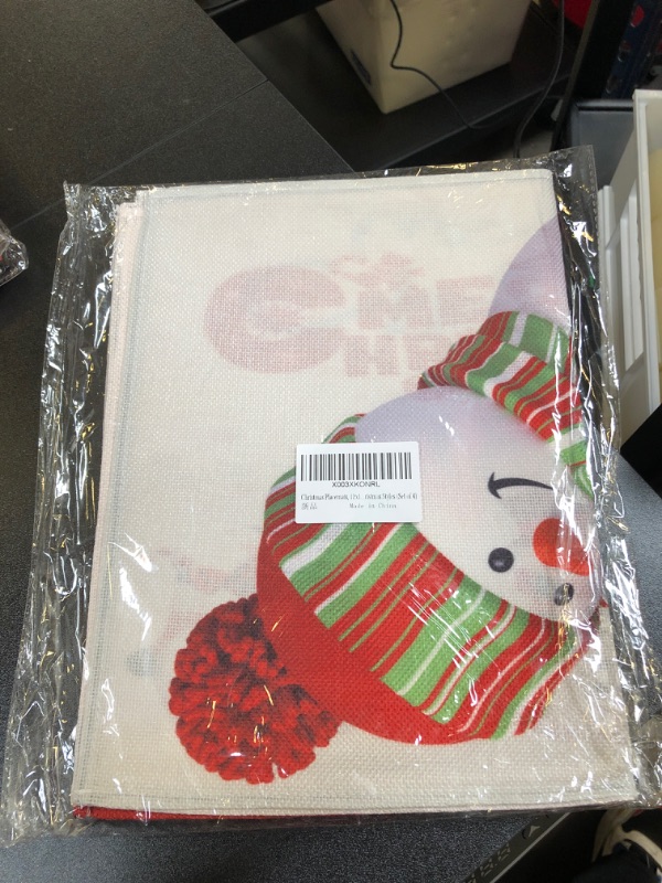Photo 1 of Christmas Placemats, 12x18 Inch Seasonal Winter Xmas Christmas Holiday Snowman Tree Truck Red Buffalo Plaid Table Mats for Party Kitchen Dining Decor Different Christmas Styles (Set of 4)