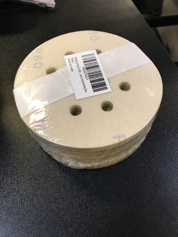 Photo 1 of PRVEW 52-Pack 5'' 80 Grit Hook and Loop Sanding Discs 8 Holes Gold Sanding Disc Sandpaper for Orbital Sander 80 Grit (Pack of 52)