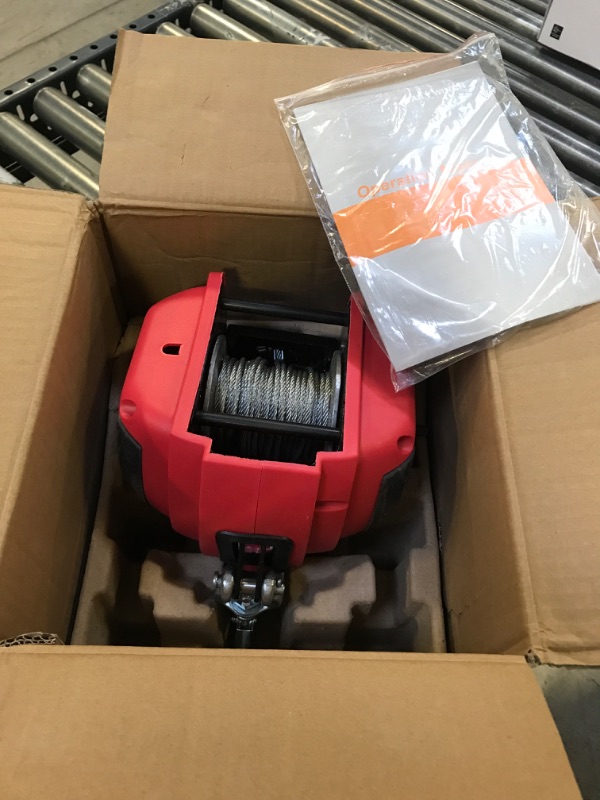 Photo 2 of Lonsge Portable Drill Winch, Rotate The Hook 360 Degrees, Red Handheld Drill Winch/Hoist of 750 LB Capacity with 40 Foot Alloy Wire Rope for Lifting & Dragging, Stretched Wire Fence, Log Handling