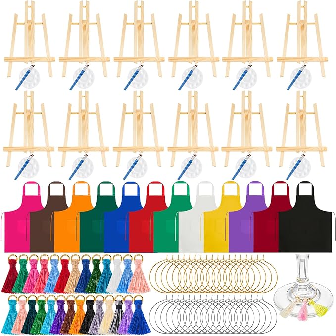 Photo 1 of 12 Sets Sip and Paint Kit Paint Party Supplies with 12 Pcs Easels Brushes Palettes Aprons, Tassels and Wine Glass Charms Painting Kit for Kids Adults Painting Party (Multicolor)