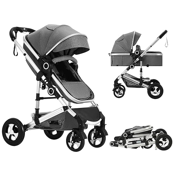 Photo 1 of Convertible Baby Stroller, 3 in 1 Folding Infant Stroller, High Landscape Pushchair w/Adjustable Backrest & Canopy, Newborn Bassinet Pram with Foot Cover, Storage Basket, Dark Grey

