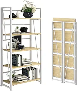 Photo 1 of No-Assembly Folding Bookshelf Storage Shelves 5 Tiers Vintage Multifunctional Plant Flower Stand Storage Rack Shelves Bookcase for Home Office(White)
