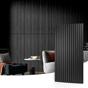 Photo 1 of Art3d 2 Wood Slat Acoustic Panels for Wall and Ceiling - 3D Fluted Sound Absorbing Panel with Wood Finish - Matte Black
