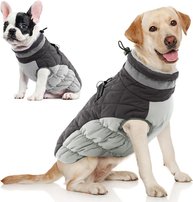 Photo 1 of AOFITEE Dog Coat, Warm Dog Jacket Dog Winter Coats, Reflective Turtleneck Dog Fleece Vest with Harness Built in, Waterproof Windproof Dog Snow Jacket Snowsuit for Small Medium Large Dogs, Grey 2XL
