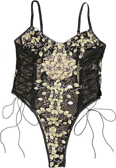 Photo 1 of size M Lilosy Women Sexy Lace Up Floral Embroidered Teddy Lingerie Bodysuit Top Mesh Sheer One Piece
