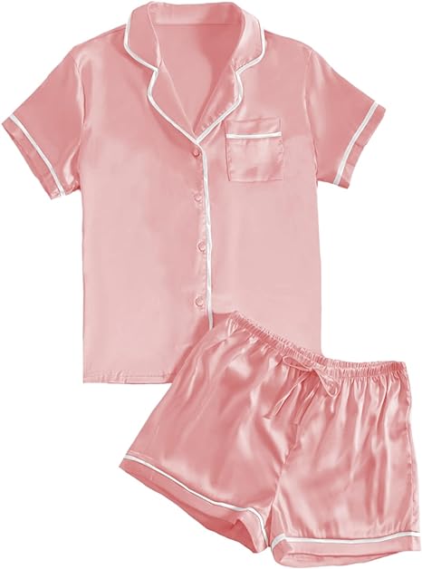 Photo 1 of LYANER Women's Satin Silky Short Sleeve Button Shirt Sleepwear 2Piece Pajama Set 
