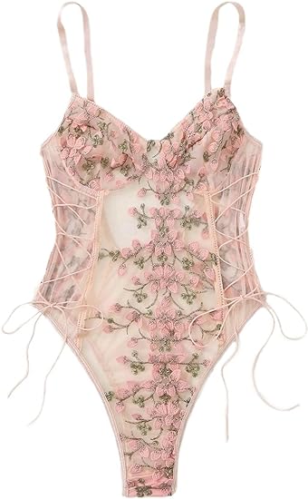 Photo 1 of Lilosy Women Sexy Lace Up Floral Embroidered Teddy Lingerie Bodysuit Top Mesh Sheer One Piece size M 
