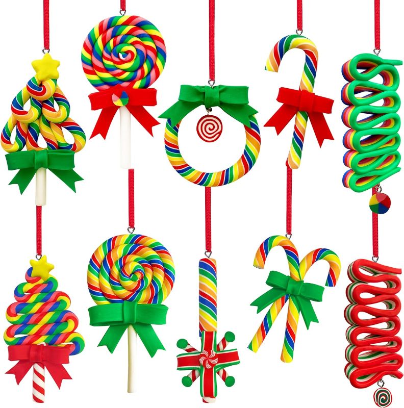 Photo 1 of 10 Pieces Christmas Tree Lollipop Hanging Ornaments Clay Rainbow Set with Ribbon Candy Cane Christmas Tree Hanging Decor Pendants for Christmas Season Home Party Decorations
