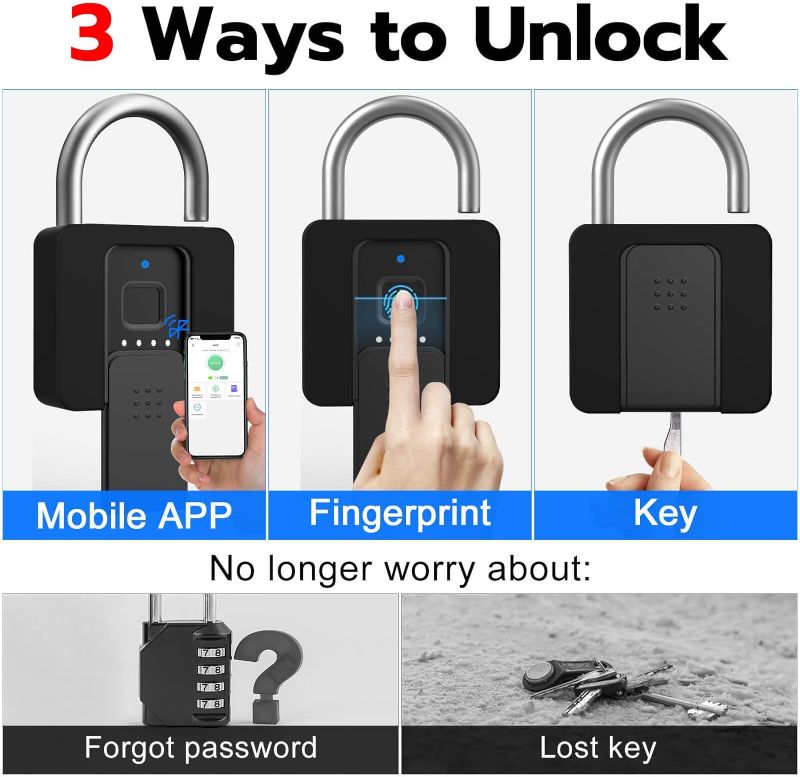 Photo 1 of ingerprint Padlock with Key Backup, Weatherproof Biometric Bluetooth APP Controlled Keyless Smart Electronic Combination Lock for Outdoor Fence Gate Pool Shed Gym Locker Yard