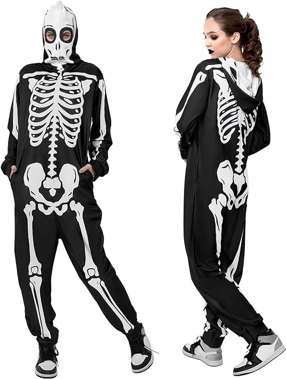 Photo 1 of  Onesie Skeleton Costume Women Front and Back Bone Print Halloween Skeleton Jumpsuit Men with Zipper Hooded with gloves  STAINED 