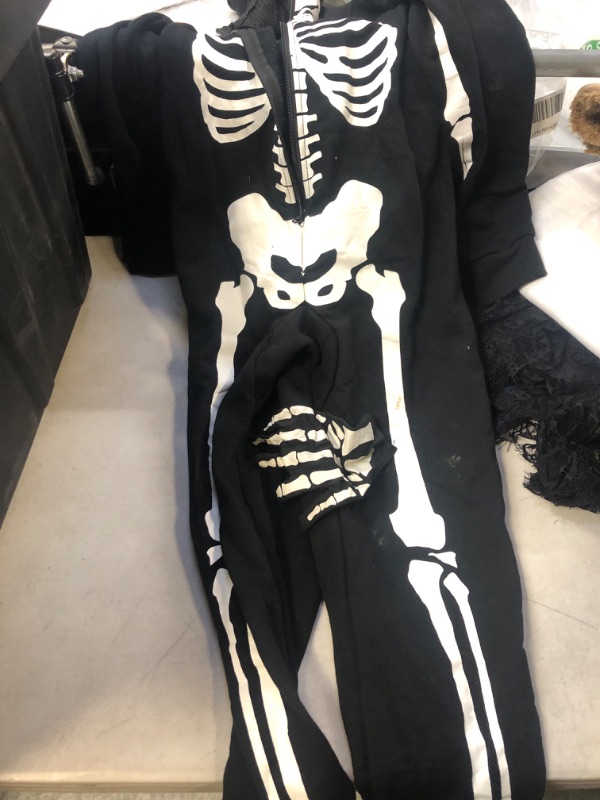 Photo 2 of  Onesie Skeleton Costume Women Front and Back Bone Print Halloween Skeleton Jumpsuit Men with Zipper Hooded with gloves  STAINED 