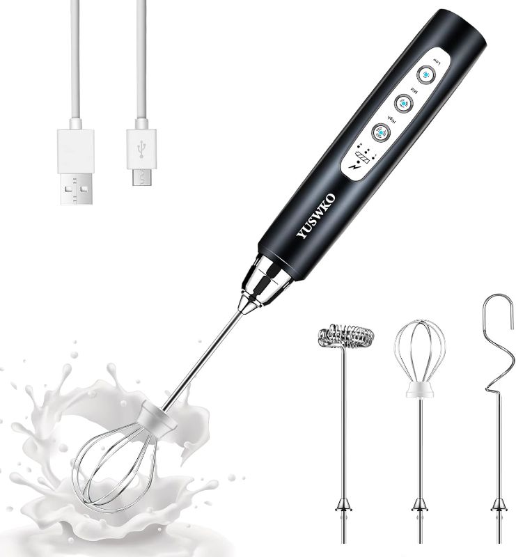 Photo 1 of YUSWKO Milk Frother Handheld with 3 Heads, Electric Whisk Drink Foam Mixer with USB Rechargeable 3 Speeds, Mini Frother for Coffee Latte, Cappuccino, Hot Chocolate, Egg - Black
