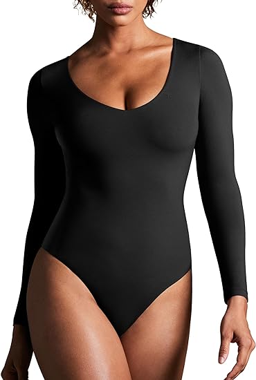 Photo 1 of Long Sleeve Bodysuits for Women Tummy Control Shapewear Bodysuit V Neck Body Suits for Womens  stained 