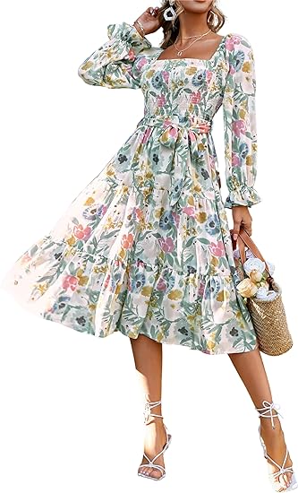 Photo 1 of Glamaker Women's Short Sleeve Smocked Square Neck A Line Summer Flowy Maxi Long Dress
 M 