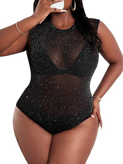 Photo 1 of OYOANGLE Women's Plus Size Sheer Mesh Round Neck Tank Tops Sleeveless Sparkle Bodysuit
