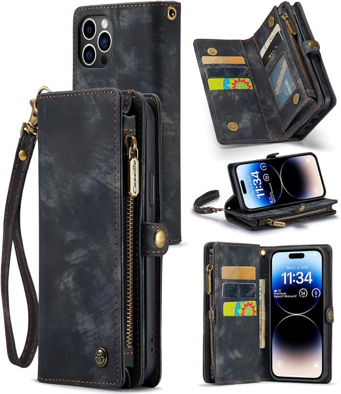 Photo 1 of Zttopo for iPhone 14 Pro Wallt Case, 2 in 1 iPhone 14 Pro Case Wallet with Premium Leather Zipper Lanyard Card Holder, Durable Wristlet Flip Case Money Pocket Cover for womenn and Man Black
