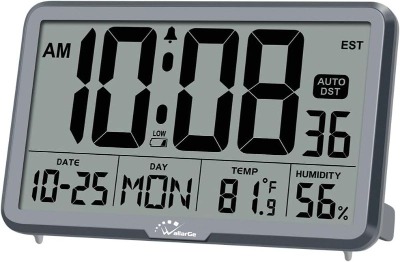 Photo 1 of WallarGe Auto Digital Wall Clock with Temp, Humidity, Date, Alarm - For Elderly, Office, 8 Time Zones, Auto DST
