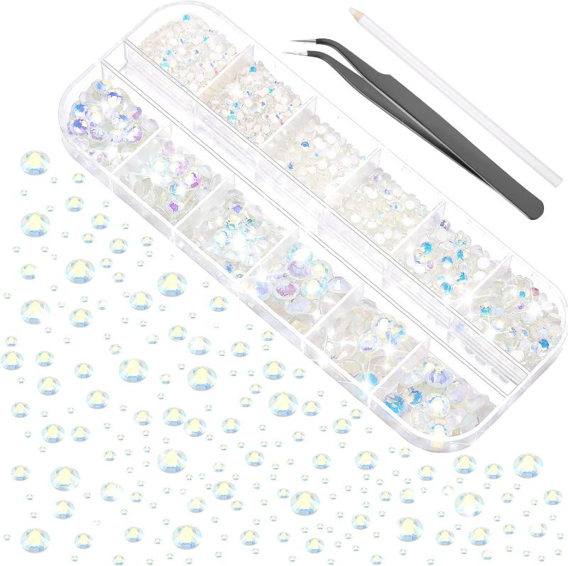 Photo 1 of  Back Gems Rhinestones 6 Sizes (1.5-6 Mm) Round Crystal Rhinestones with Pick up Tweezer and Rhinestones Picking Pen for Crafts Nail Clothes Shoes Bags DIY Art (White)