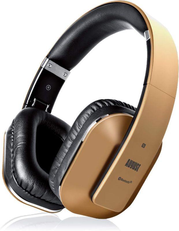 Photo 1 of August EP650 Bluetooth Over Ear Wireless Stereo NFC 3.5mm Headphones with Rechargeable Battery, Multipoint and Built-in Microphone for Mobile Phones, iPhone, iPad, Laptops, Tablets, Smartphones - Gold
