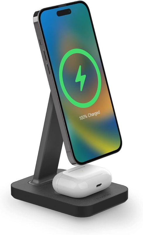 Photo 1 of mophie Snap+ 2-in-1Charge Stand & Pad - 15w Wireless Charger Compatible with iPhones & AirPods, Includes Snap+ Adapter for Other Qi Enabled Phones, Steel Base, Adjustable Angles
