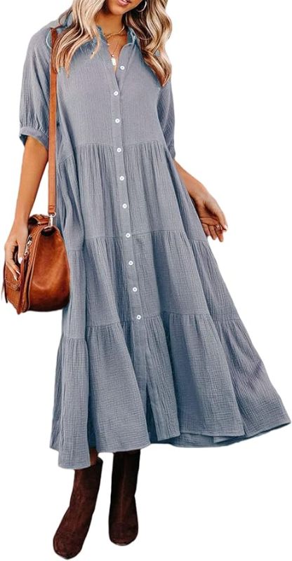 Photo 1 of M .Vivimos Women's Summer Cotton Half Sleeves Button Down Casual Loose Slit Midi Dress with Pockets 